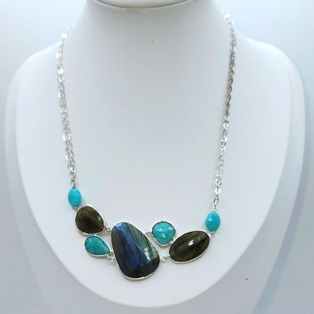 Organic Cut Labradorite And Amazonite Sterling 18" Cluster Necklace Nwot